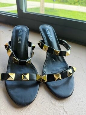 Olivia Miller Black Leather Slide Sandals with Gold Studs Size 6.5